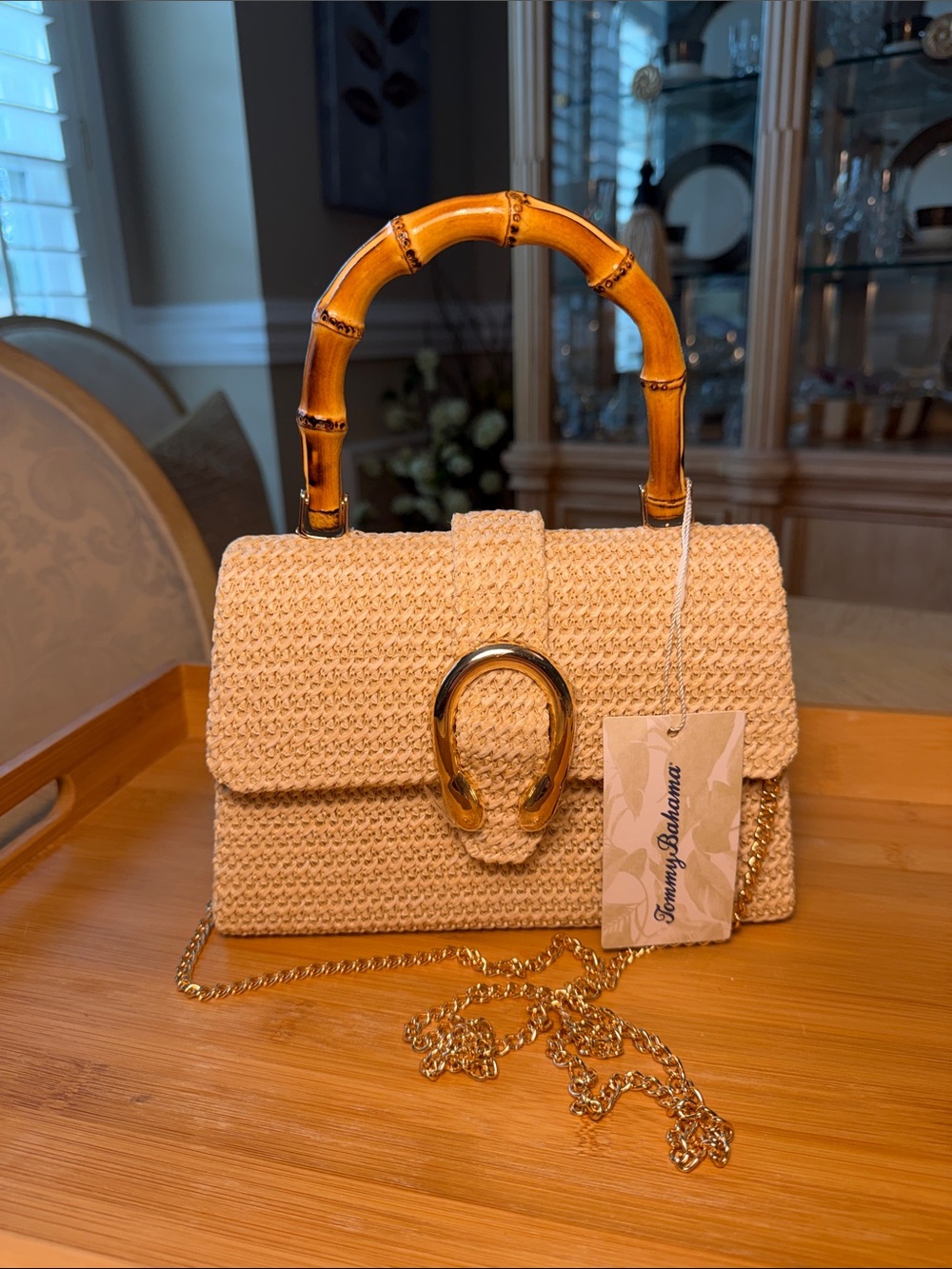 Tommy Bahama Woven Straw Satchel w/ Bamboo Top Handles/ Gold Chain. NWT
